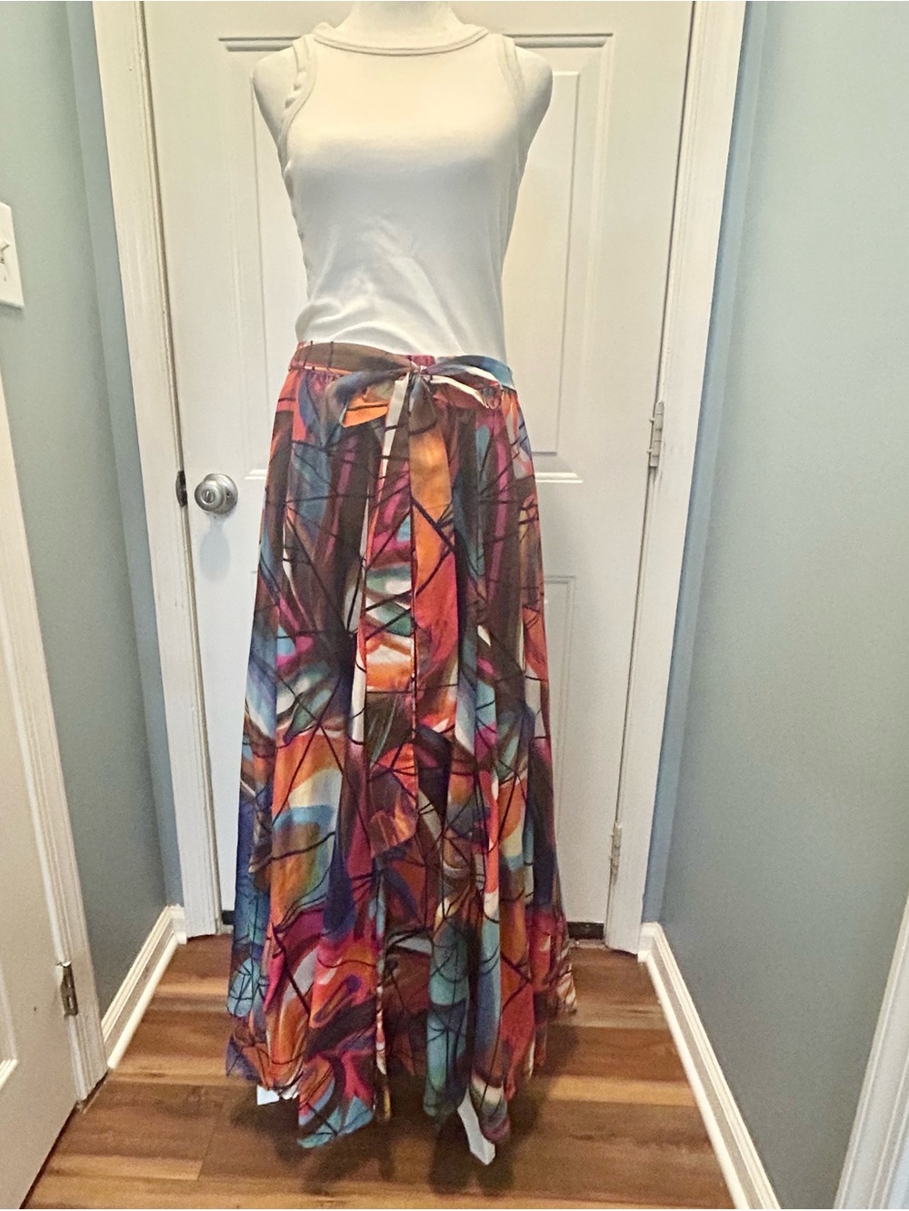 Ashley Stewart 1X Colorful Abstract Print Tie-Waist Maxi Skirt Boho Art Print